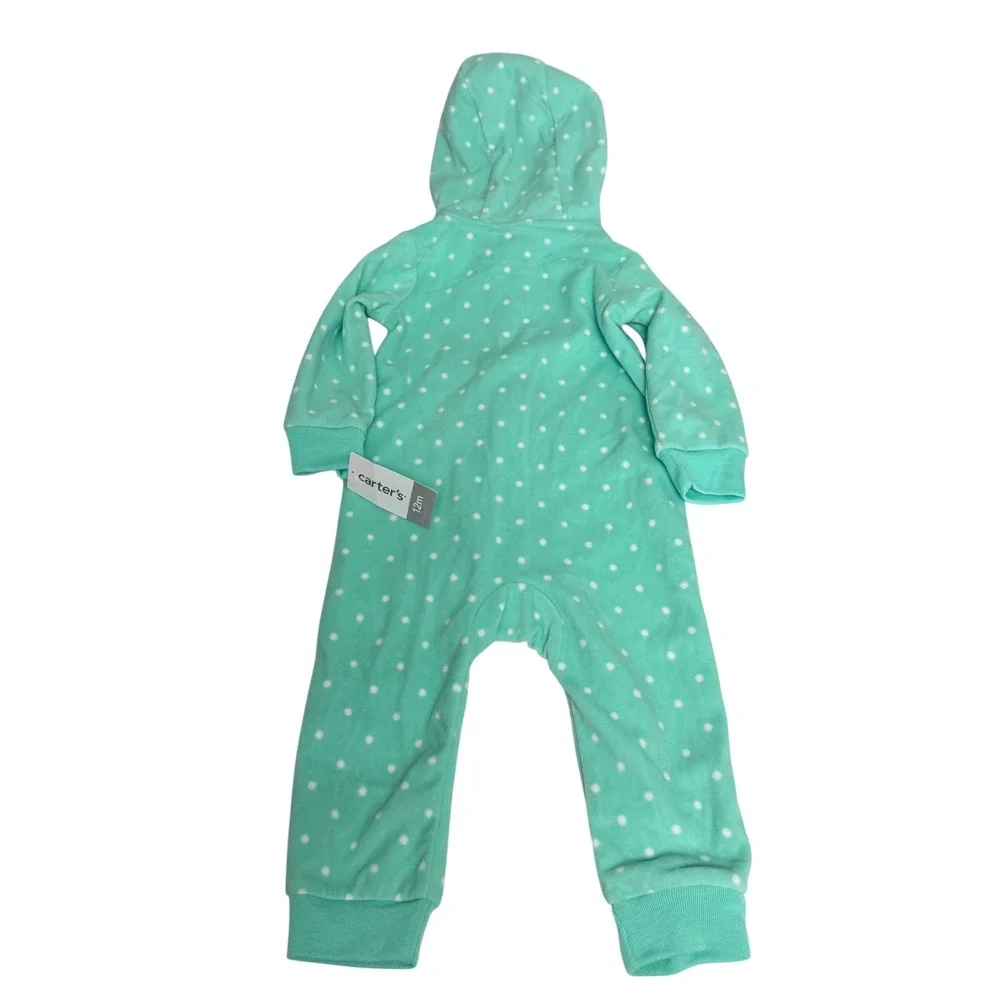 Carters Baby Girl 12M Mint Green Polka Dot Fleece Hooded Jumpsuit Heart